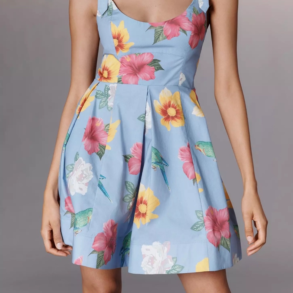 Anthropologie Scoop-Neck Printed Cotton Mini Dress Blue Floral By Maeve NWT - Picture 6 of 6